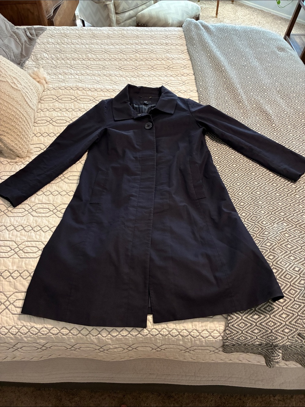 H&M Blue A-Line Trench Coat with Single Button